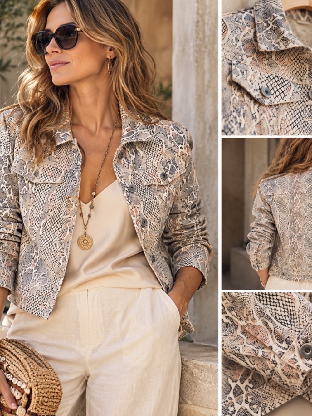 Beige Snake Print Jacket Women, Cotton Stretch Animal Print Jacket, Neutral Stat